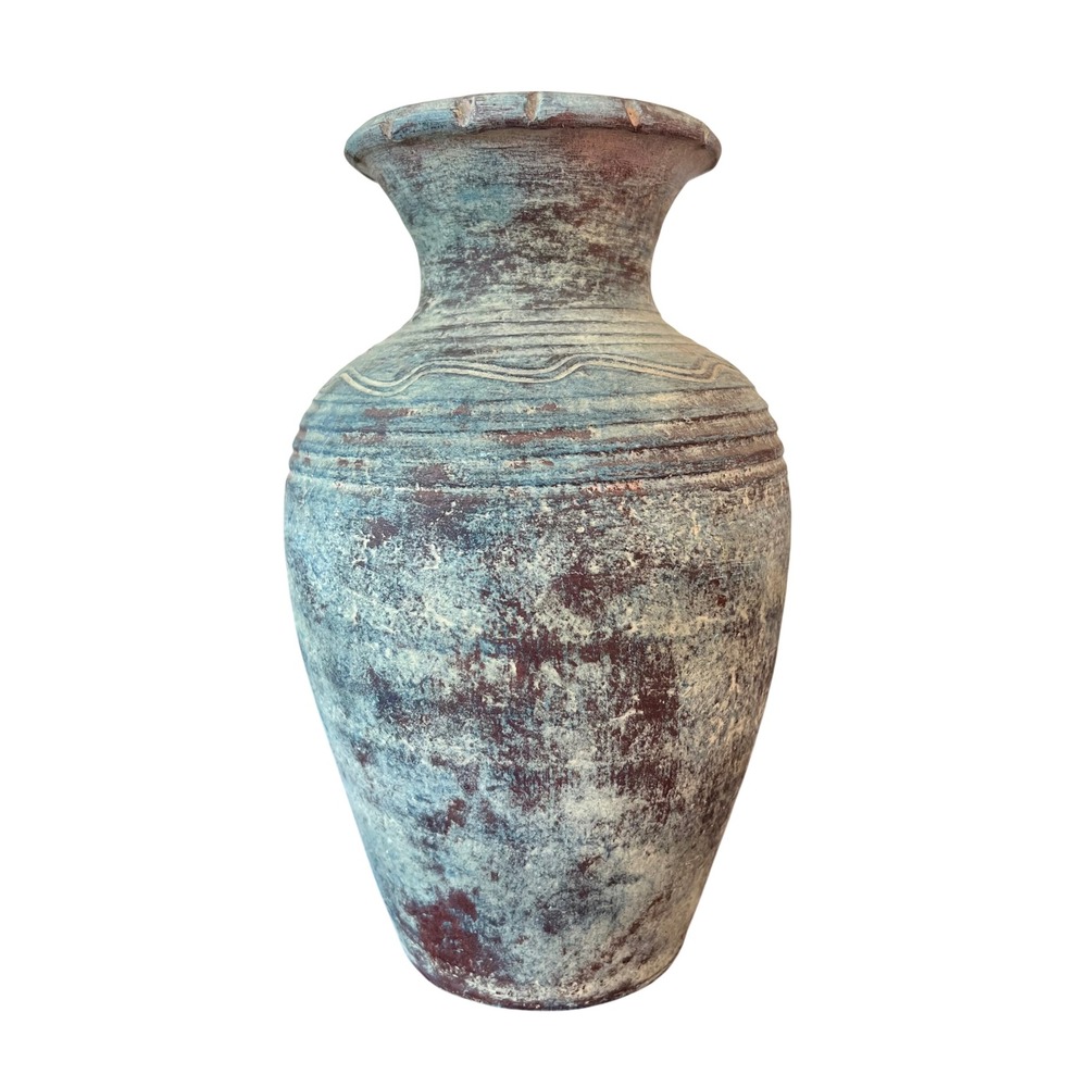 Rustic Mexican Pottery Blue Verdigris Terracotta Vase Etched Wave 9.5in
